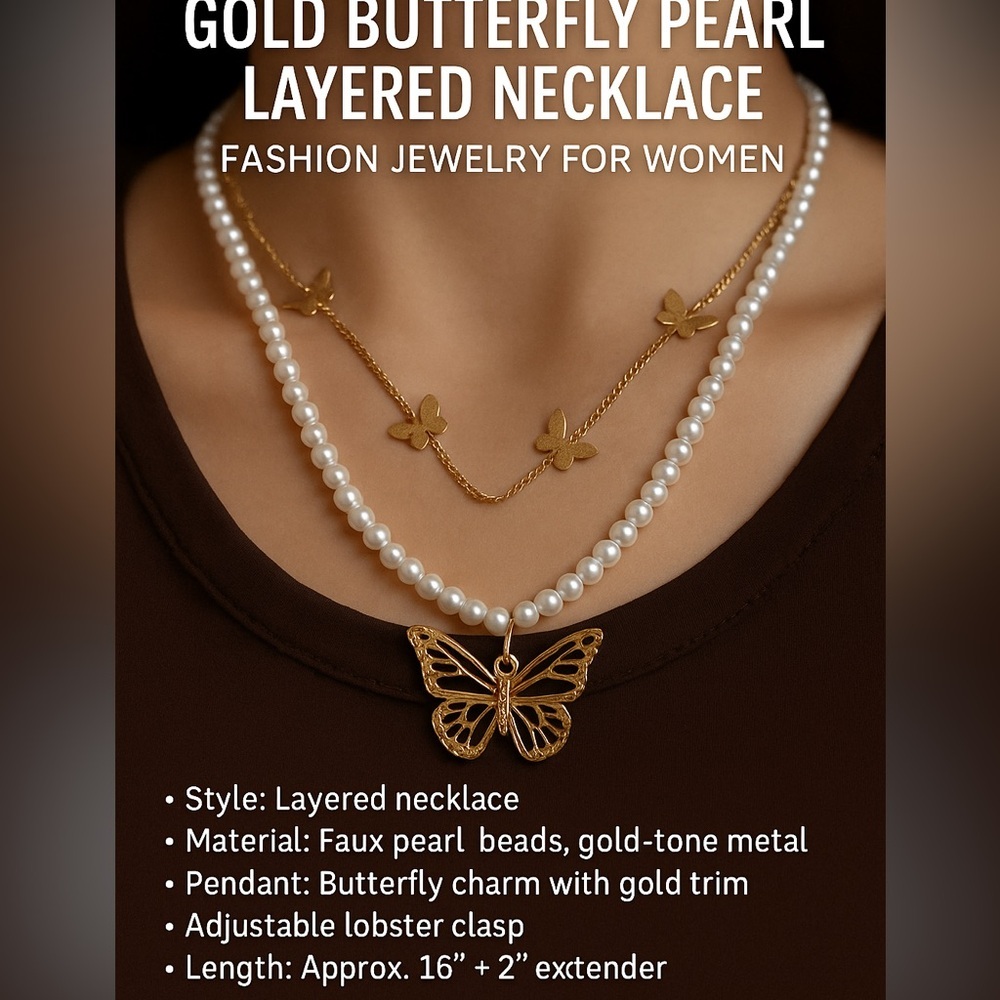 New Arrivals Gold Butterfly Pearl Layered Necklace – Fashion Jewelry for Women